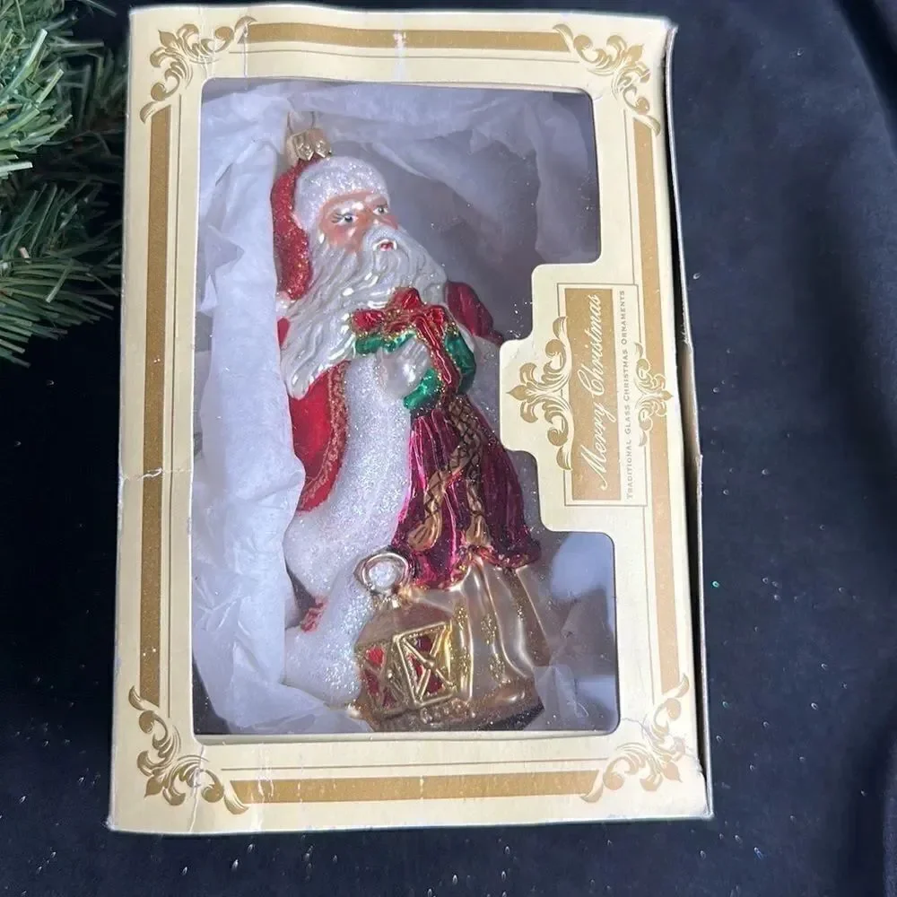 IMPULS Poland Mouth Blown Hand Painted Santa Glass Christmas Ornament in Box